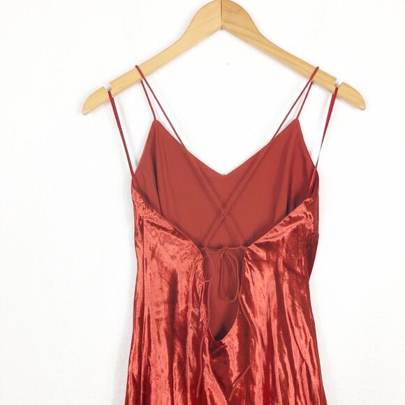 Mestiza New York Mara Red Rust Velvet Slip Open Back Cross Strap Gown Medium - Picture 11 of 13